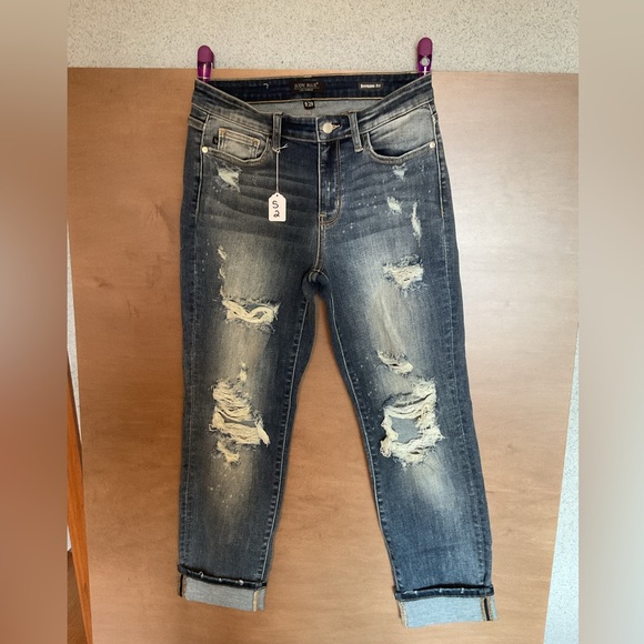 Judy Blue Denim - Judy Blue Distressed Dark Blue Boyfriend Jeans